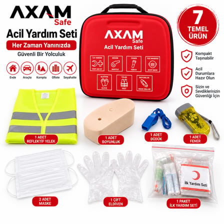 Acil Yardım Seti 28x25 cm – İlk Yardım Kiti, Reflektif Yelek, Boyunluk, Fener, Düdük, Maske ve Eldiven