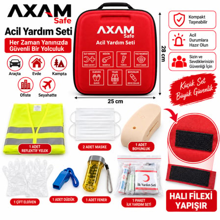 Acil Yardım Seti 28x25 cm – İlk Yardım Kiti, Reflektif Yelek, Boyunluk, Fener, Düdük, Maske ve Eldiven