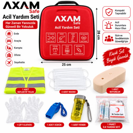 Acil Yardım Seti 28x25 cm – İlk Yardım Kiti, Reflektif Yelek, Boyunluk, Fener, Düdük, Maske ve Eldiven