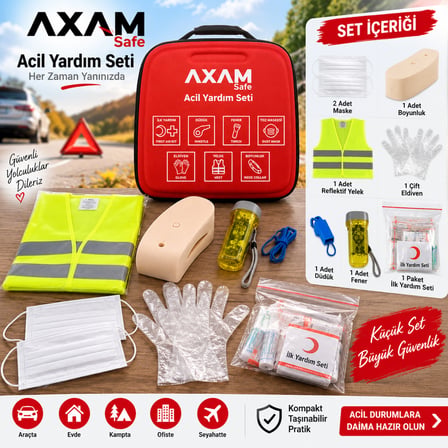 Acil Yardım Seti 28x25 cm – İlk Yardım Kiti, Reflektif Yelek, Boyunluk, Fener, Düdük, Maske ve Eldiven