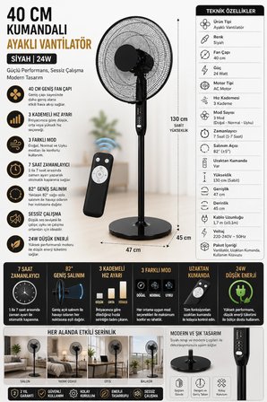 40 Cm Kumandalı Ayaklı Vantilatör Siyah 24W | 3 Kademeli | Zaman Ayarlı | Uzaktan Kumandalı | 82° Salınımlı
