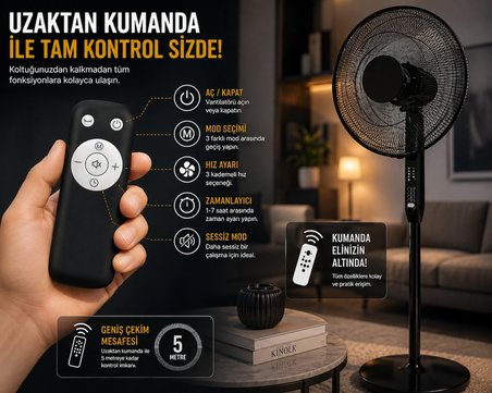 40 Cm Kumandalı Ayaklı Vantilatör Siyah 24W | 3 Kademeli | Zaman Ayarlı | Uzaktan Kumandalı | 82° Salınımlı