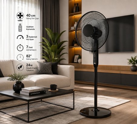 40 Cm Kumandalı Ayaklı Vantilatör Siyah 24W | 3 Kademeli | Zaman Ayarlı | Uzaktan Kumandalı | 82° Salınımlı