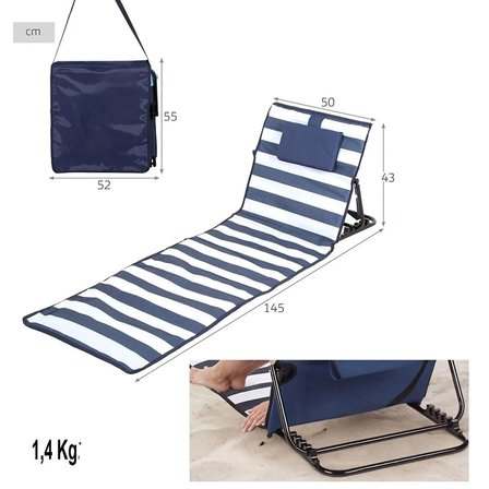 Katlanabilir Plaj Yatağı Şezlong Minderi Yastıklı 5 Kademeli Sırt Ayarlı Taşıma Çantalı 145x50 cm