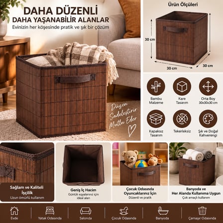 Bambu Hasır Sepet 30x30x30 cm Kare Dekoratif Düzenleyici Saklama Sepeti Kahverengi