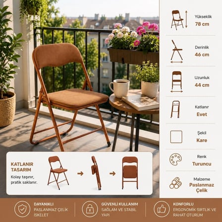 PASLANMAZ ÇELİK KATLANIR SANDALYE KİREMİT RENK 130 KG TAŞIMA KAPASİTELİ