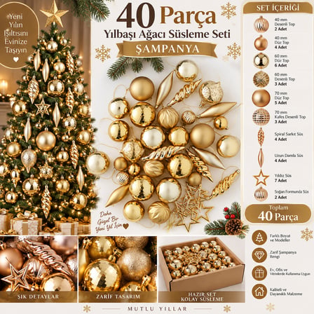 40 Parça Altın Yılbaşı Ağacı Süsleme Seti | Top, Yıldız, Damla ve Spiral Dekor Süsleri