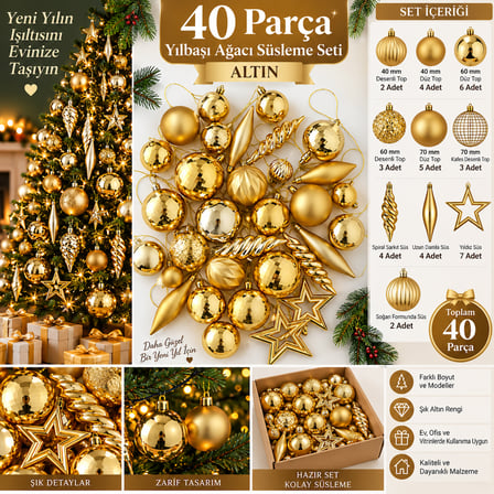 40 Parça Altın Yılbaşı Ağacı Süsleme Seti | Top, Yıldız, Damla ve Spiral Dekor Süsleri