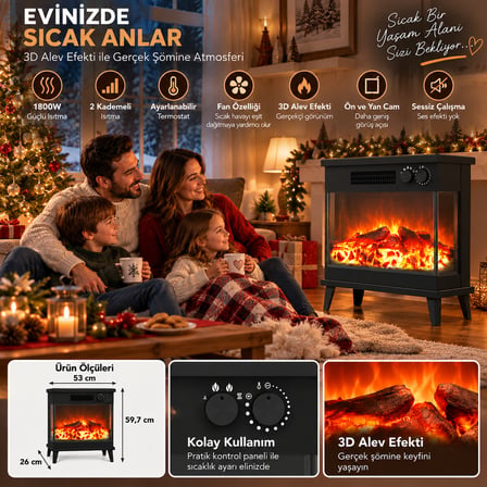 3 D ELEKTRİKLİ ŞÖMİNE 1800 WATT 2 KADEMELİ ISITICI FANLI ISITICI