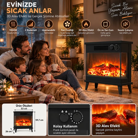 3 D ELEKTRİKLİ ŞÖMİNE 1800 WATT 2 KADEMELİ ISITICI FANLI ISITICI