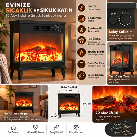 3 D ELEKTRİKLİ ŞÖMİNE 1800 WATT 2 KADEMELİ ISITICI FANLI ISITICI