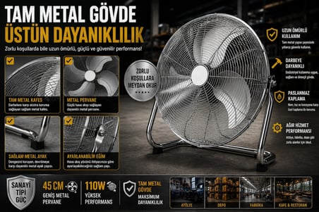 45 cm Metal Sanayi Tipi Yer Vantilatörü 110W | 3 Kademeli Güçlü Endüstriyel Fan | Tam Metal Gövde