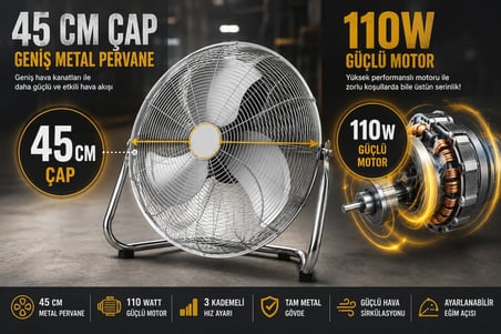 45 cm Metal Sanayi Tipi Yer Vantilatörü 110W | 3 Kademeli Güçlü Endüstriyel Fan | Tam Metal Gövde