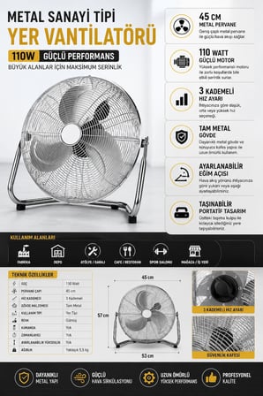 45 cm Metal Sanayi Tipi Yer Vantilatörü 110W | 3 Kademeli Güçlü Endüstriyel Fan | Tam Metal Gövde