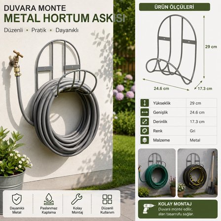 Duvara Monte Metal Hortum Askısı Gri – Dayanıklı Bahçe Hortumu Düzenleyici, Pratik Hortum Tutucu ve Saklama Aparatı 25 metre kapasiteli