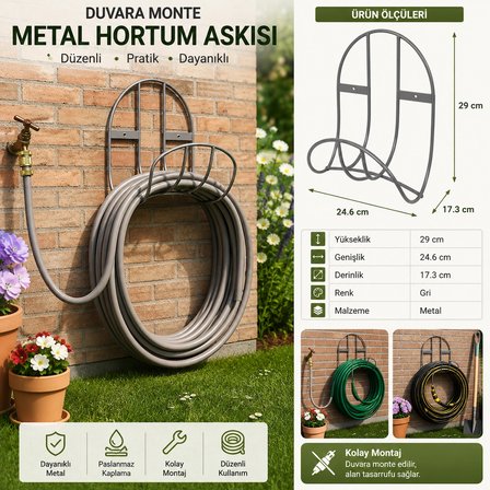Duvara Monte Metal Hortum Askısı Gri – Dayanıklı Bahçe Hortumu Düzenleyici, Pratik Hortum Tutucu ve Saklama Aparatı 25 metre kapasiteli
