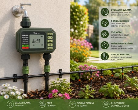 2 Çıkışlı Dijital Sulama Zamanlayıcısı LCD Ekranlı Otomatik Bahçe Sulama Kontrol Cihazı ECO Mod Yağmur Geciktirme