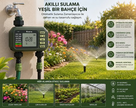 2 Çıkışlı Dijital Sulama Zamanlayıcısı LCD Ekranlı Otomatik Bahçe Sulama Kontrol Cihazı ECO Mod Yağmur Geciktirme