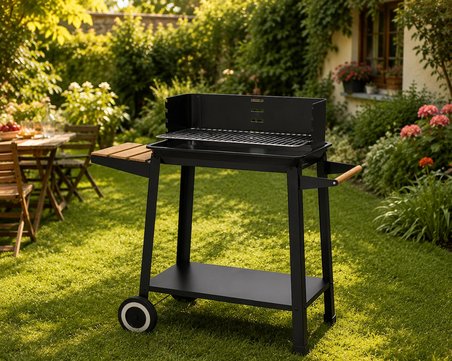 Tekerlekli Kömürlü Barbekü Mangal 83x40,5x86,3 cm – Bambu Yan Masalı, Krom Izgaralı, Bahçe ve Balkon İçin