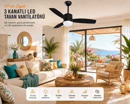 111 cm Siyah 3 Kanatlı LED Tavan Vantilatörü 55 Watt Hız Ayarlı Modern Tasarım