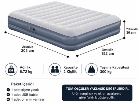 Çift Kişilik Şişme Yatak 203x152x36 cm USB Şarjlı Dahili Pompalı Hava Yatağı 300 Kg Taşıma Kapasiteli