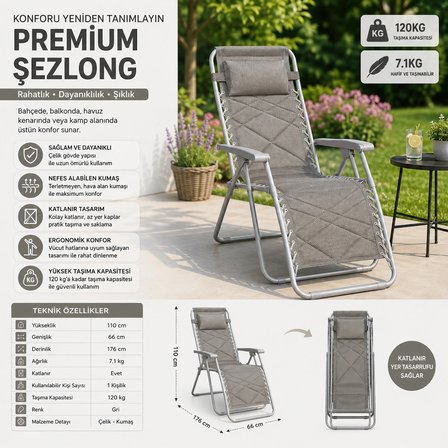 Premium Katlanır Şezlong Gri | Ergonomik Bahçe, Kamp, Havuz, Balkon ve Plaj Dinlenme Koltuğu | Çelik Gövde | 120 Kg Taşıma Kapasiteli