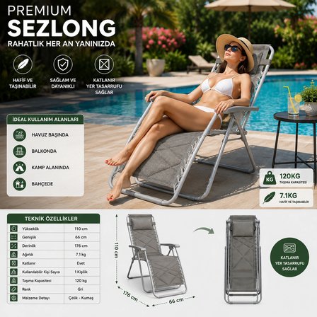 Premium Katlanır Şezlong Gri | Ergonomik Bahçe, Kamp, Havuz, Balkon ve Plaj Dinlenme Koltuğu | Çelik Gövde | 120 Kg Taşıma Kapasiteli
