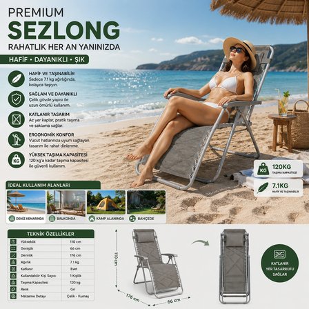 Premium Katlanır Şezlong Gri | Ergonomik Bahçe, Kamp, Havuz, Balkon ve Plaj Dinlenme Koltuğu | Çelik Gövde | 120 Kg Taşıma Kapasiteli