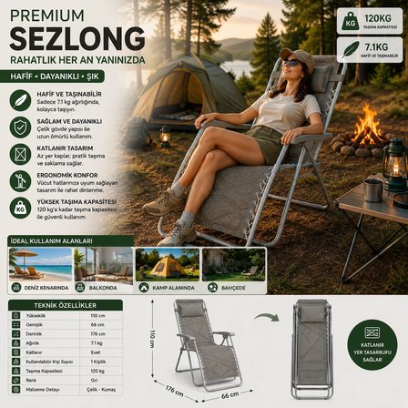 Premium Katlanır Şezlong Gri | Ergonomik Bahçe, Kamp, Havuz, Balkon ve Plaj Dinlenme Koltuğu | Çelik Gövde | 120 Kg Taşıma Kapasiteli