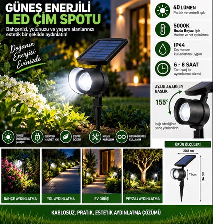 Solar LED Bahçe Spotu 40 Lümen 5000K Beyaz Işık – Kazıklı Çim ve Peyzaj Aydınlatma