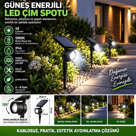 Solar LED Bahçe Spotu 40 Lümen 5000K Beyaz Işık – Kazıklı Çim ve Peyzaj Aydınlatma