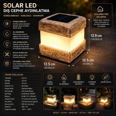 Taş Desenli Güneş Enerjili Solar LED Bahçe Aydınlatma Küpü IP65 Su Geçirmez Taş Desenli Dış Mekan Lambası