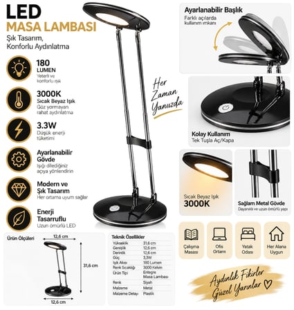 LED Masa Lambası 3.3W 180 Lumen 3000K Sıcak Siyah Ayarlanabilir Başlıklı Çalışma ve Ders Lambası