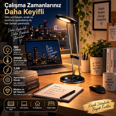 LED Masa Lambası 3.3W 180 Lumen 3000K Sıcak Siyah Ayarlanabilir Başlıklı Çalışma ve Ders Lambası