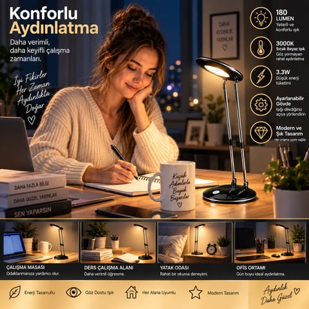 LED Masa Lambası 3.3W 180 Lumen 3000K Sıcak Siyah Ayarlanabilir Başlıklı Çalışma ve Ders Lambası