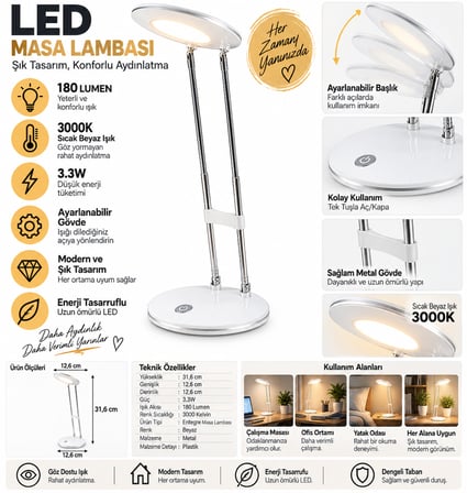 LED Masa Lambası 3.3W 180 Lumen 3000K Sıcak Beyaz Ayarlanabilir Başlıklı Çalışma ve Ders Lambası