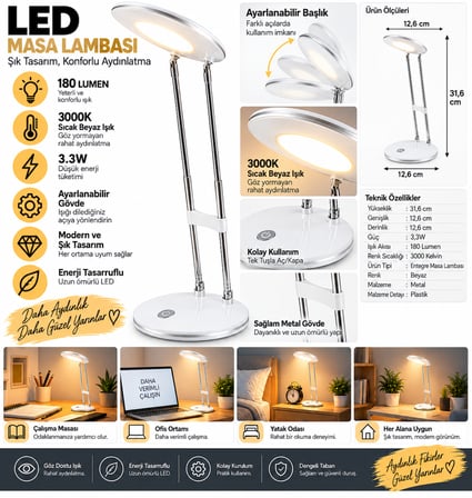 LED Masa Lambası 3.3W 180 Lumen 3000K Sıcak Beyaz Ayarlanabilir Başlıklı Çalışma ve Ders Lambası
