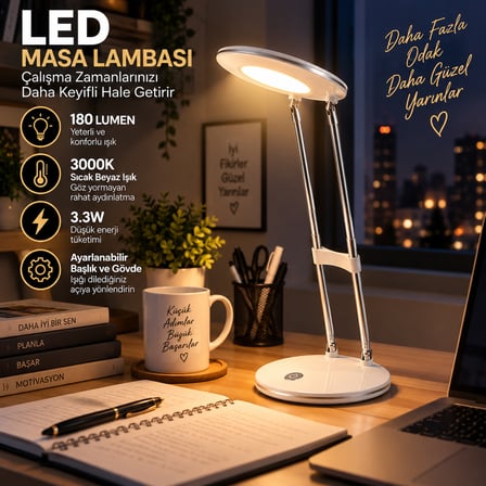 LED Masa Lambası 3.3W 180 Lumen 3000K Sıcak Beyaz Ayarlanabilir Başlıklı Çalışma ve Ders Lambası