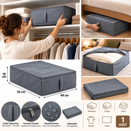 Gri Kumaş Saklama Hurcu 44x55x19 cm – Fermuarlı Dolap İçi Düzenleyici, Yorgan Battaniye Kıyafet Organizer