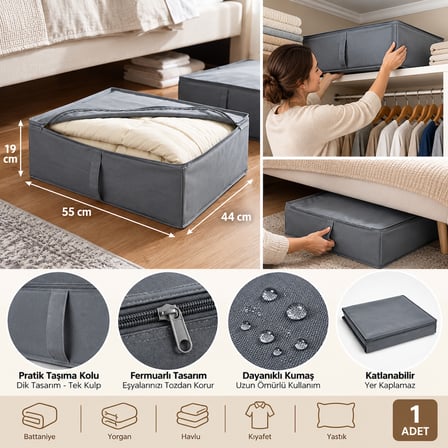 Gri Kumaş Saklama Hurcu 44x55x19 cm – Fermuarlı Dolap İçi Düzenleyici, Yorgan Battaniye Kıyafet Organizer