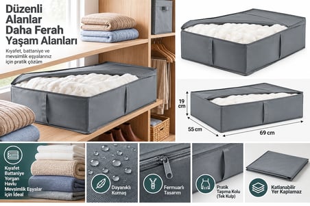 Gri Kumaş Saklama Hurcu 69x55x19 cm Dolap İçi Düzenleyici Büyük Boy Kıyafet ve Battaniye Organizer