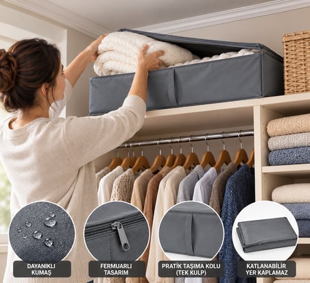 Gri Kumaş Saklama Hurcu 69x55x19 cm Dolap İçi Düzenleyici Büyük Boy Kıyafet ve Battaniye Organizer