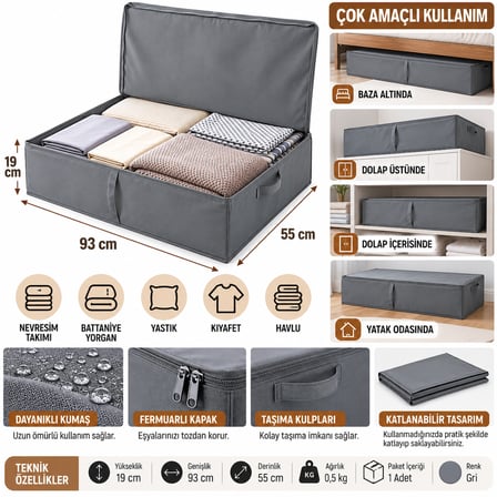Baza Altı Kapaklı Saklama Hurcu 93x55x19 cm Gri – Çok Amaçlı Yorgan, Nevresim ve Kıyafet Düzenleyici Organizer