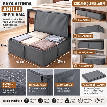 Baza Altı Kapaklı Saklama Hurcu 93x55x19 cm Gri – Çok Amaçlı Yorgan, Nevresim ve Kıyafet Düzenleyici Organizer