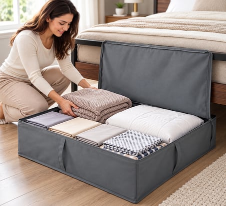 Baza Altı Kapaklı Saklama Hurcu 93x55x19 cm Gri – Çok Amaçlı Yorgan, Nevresim ve Kıyafet Düzenleyici Organizer