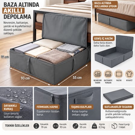 Baza Altı Kapaklı Saklama Hurcu 93x55x19 cm Gri – Çok Amaçlı Yorgan, Nevresim ve Kıyafet Düzenleyici Organizer