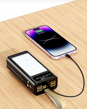 30.000 mAh Hızlı Şarj Led Kamp Işıklı Powerbank 4x Usb, Type-C, Micro & Lightning Dahili 2 Şarj Kablolu Taşınabilir Şarj Cihazı