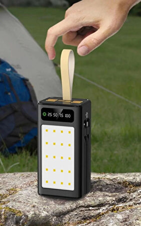 30.000 mAh Hızlı Şarj Led Kamp Işıklı Powerbank 4x Usb, Type-C, Micro & Lightning Dahili 2 Şarj Kablolu Taşınabilir Şarj Cihazı