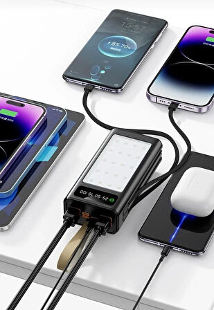 30.000 mAh Hızlı Şarj Led Kamp Işıklı Powerbank 4x Usb, Type-C, Micro & Lightning Dahili 2 Şarj Kablolu Taşınabilir Şarj Cihazı