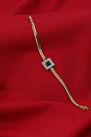 GOLD YEŞİL ZİRKON BAGET TAŞ ÇELİK BİLEKLİK-ÇEBİL25